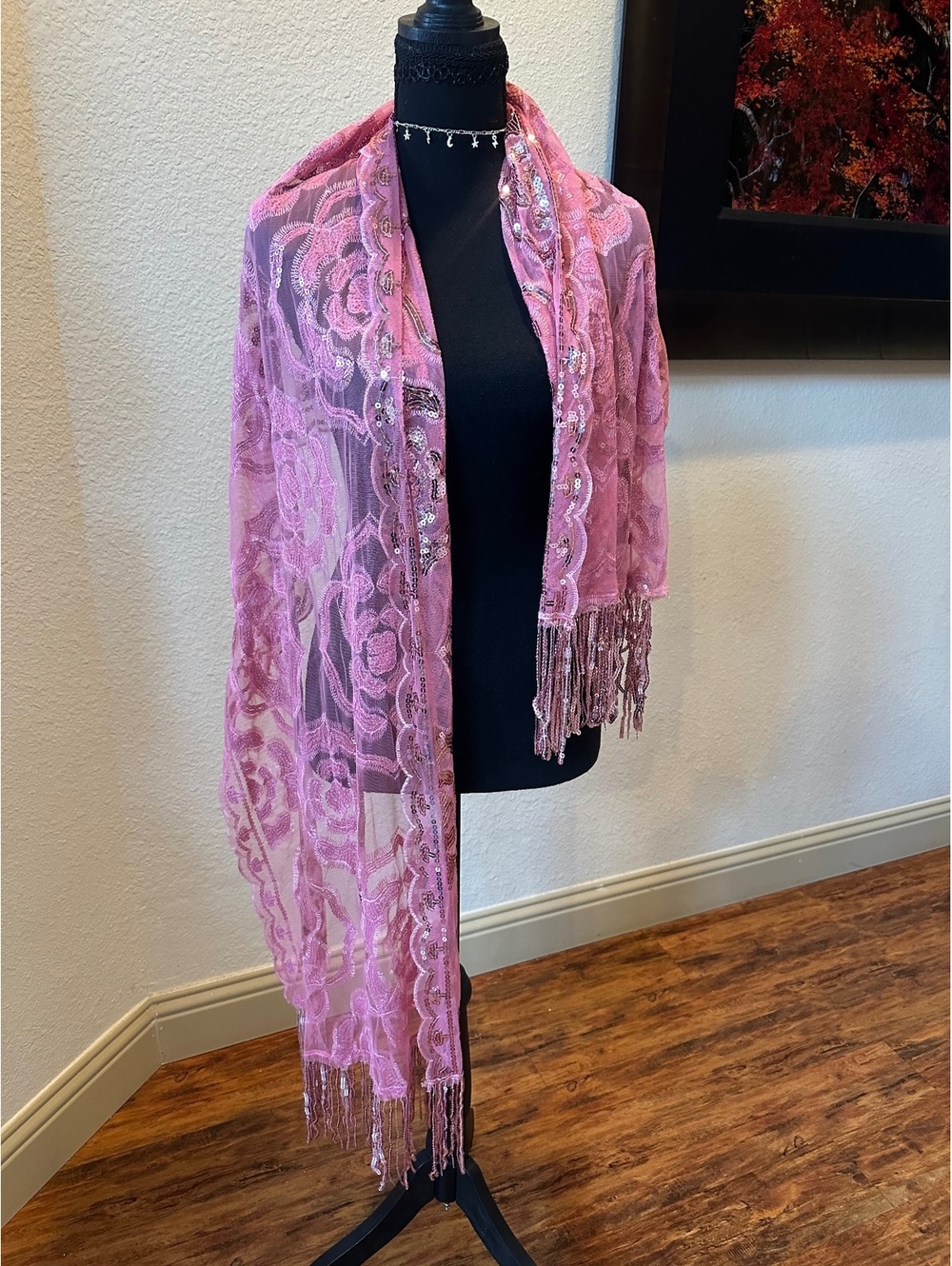 Pink Sequin Embellished Lace Shawl Scarf with Fringe Detail